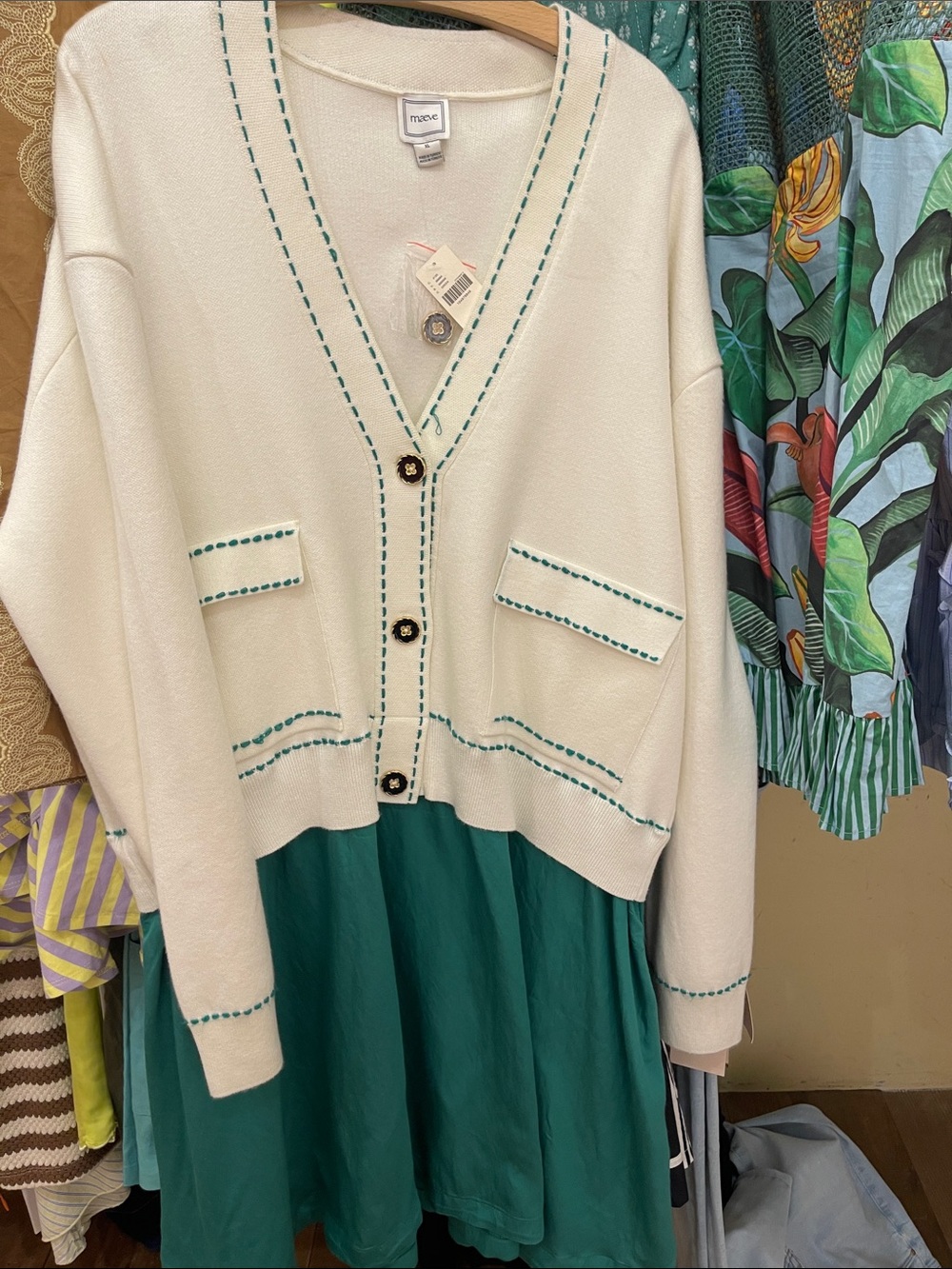 Maeve Cream Cardigan with Teal Stitching